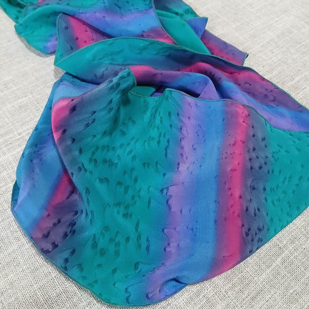 Kriska Swirl Scarf Hand Painted 100% Silk Teal Pink Purple and Blue - Picture 7 of 9